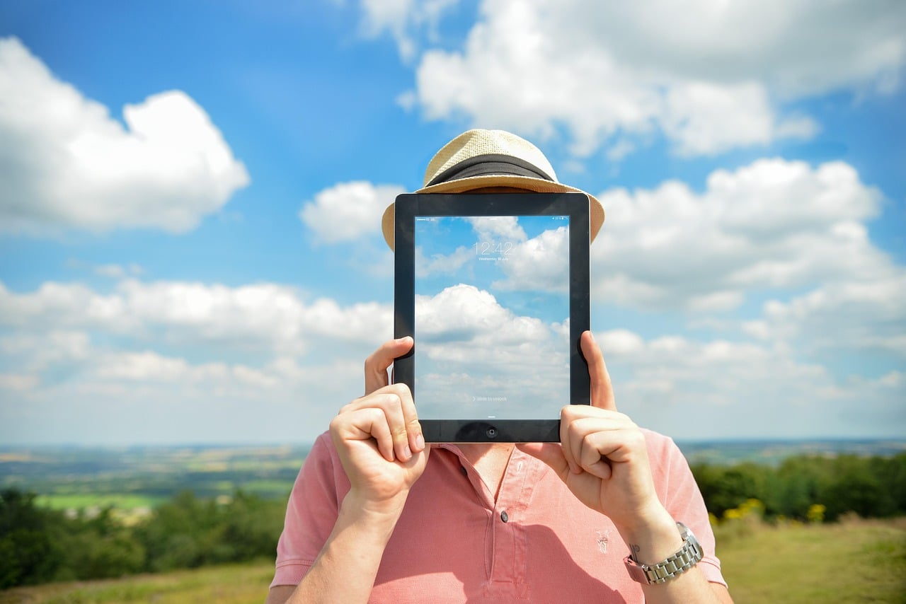 person, abstract, ipad, no face, sky, clouds, man, nature, lifestyle, hat